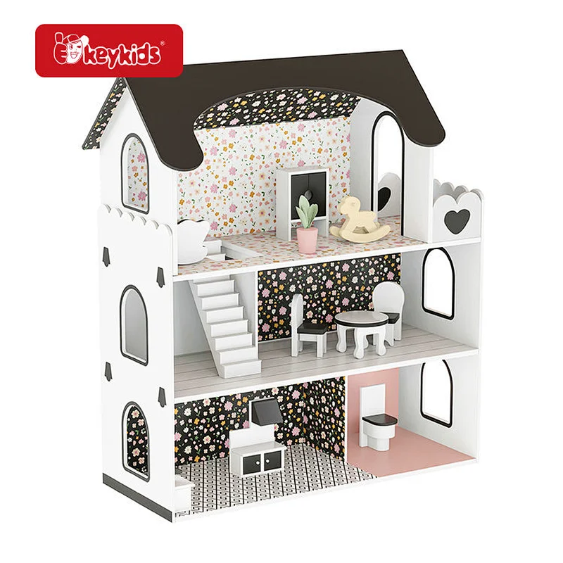 FSC Certified Girls 5 Rooms Wooden Doll House with Furniture Accessories W06A380J